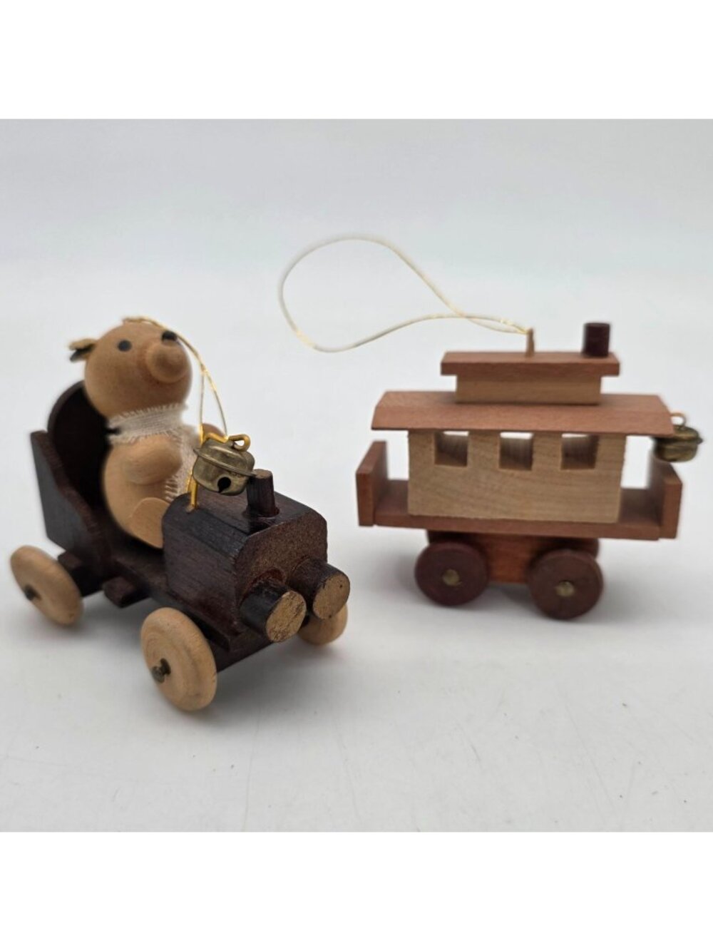 Gibson Wooden Train Ornaments Bear & Passenger Car Handcrafted Bell 1978